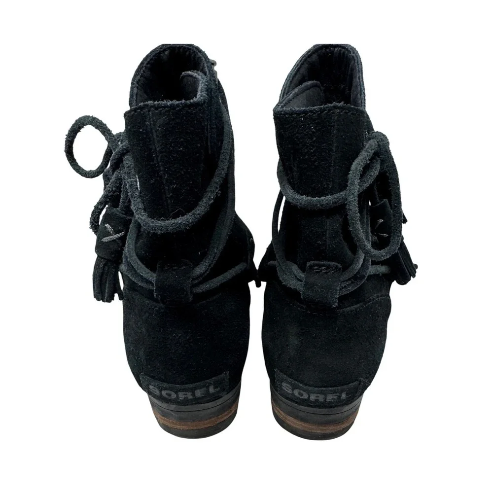 🔥Sorel 🖤Black Suede Tassel Ankle Boots Waterproof Boho Western‎ Bootie 8.5